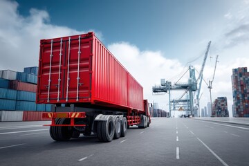 Fototapeta premium A red container truck on a road with containers and cranes in distance
