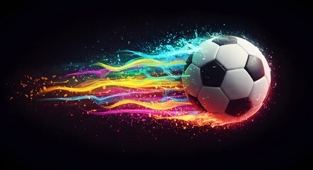 Fototapeta premium A soccer ball with a colorful trail of light streaks against a dark black background illustration