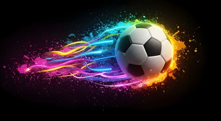 Fototapeta premium A soccer ball with colorful streaks and splashes on a black background in a dynamic composition