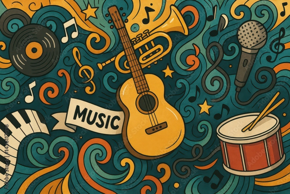 Poster colorful musical instruments and notes in dynamic abstract design
