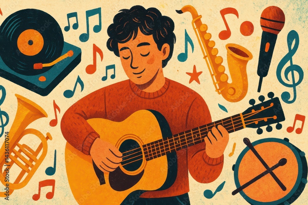 Poster creative musical expression with instruments and notes in art style