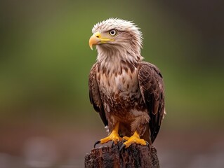 Obraz premium Close up of majestic eagle perched on wooden stump looking sideways with detailed feathers and strong beak focused intense wildlife portrait bird of prey image high quality