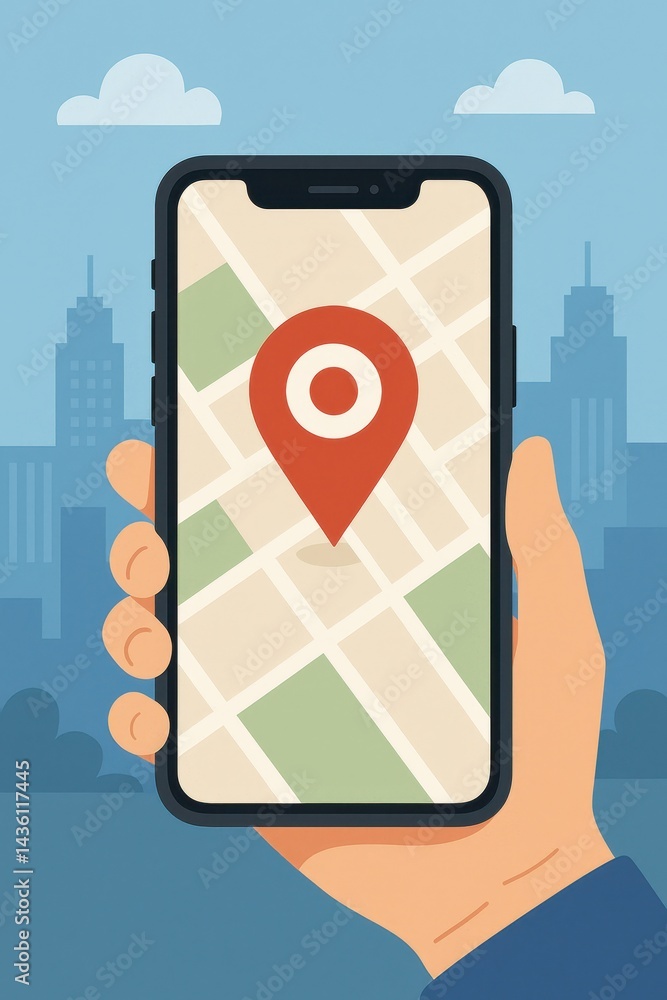Poster smartphone displaying map with location pin and city background