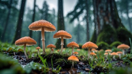 Fototapeta premium Mushrooms Growing in Forest During Rain Showers in Natural Setting