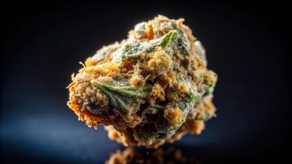 Fototapeta premium Close-up shot of a single cannabis nug, revealing its complex internal structure, including tiny air pockets and resin glands, against a dark black backdrop , resin glands, nugget