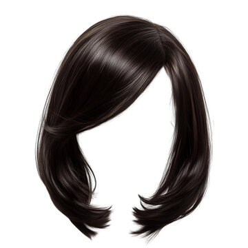 Dark brown hair wig on white background,flat lay arrangement,clipart,PNG,transparent background.
