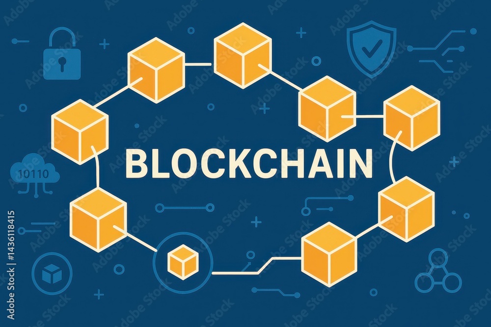 Poster simple blockchain illustration with blocks and security icons