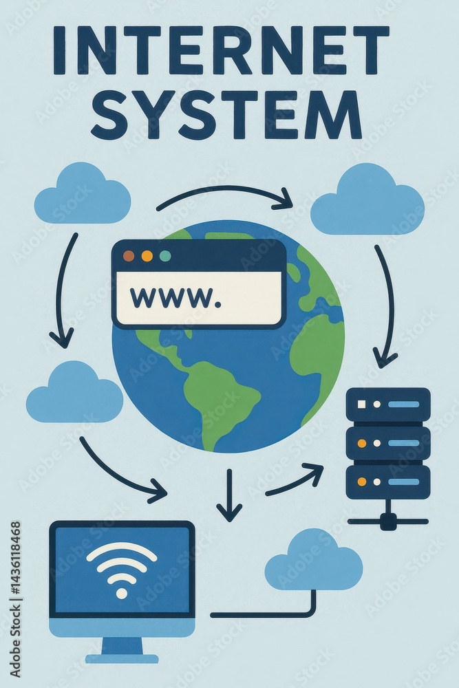 Aufkleber internet system illustration with digital network and cloud elements