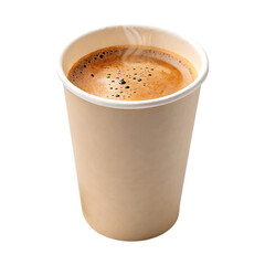 Hot coffee in a paper cup, steam rising.