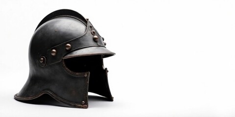 A weathered dark metal helmet, possibly from a bygone era, sits on a pristine white background, showcasing its aged texture and intricate details, hinting at tales of battles long past.