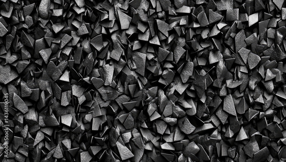 Fototapete Abstract shattered black geometric texture.  A dense, fragmented surface of irregular, dark shapes.  The pieces are various sizes and angular forms, creating a visually complex and textured background