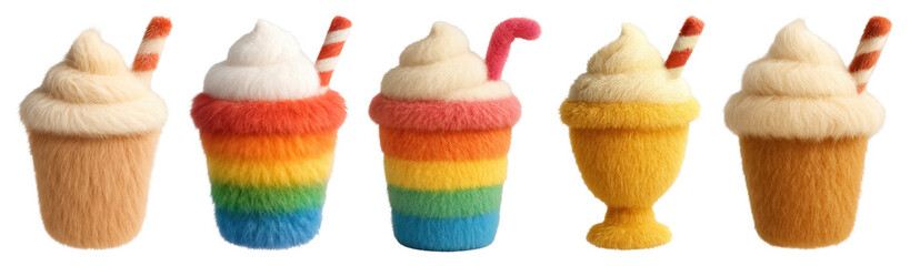 PNG Colorful fluffy ice cream cups, element set on transparent background