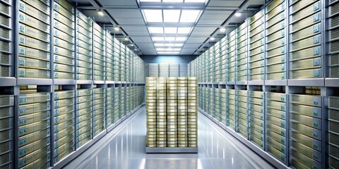 High-angle view of large stacks of crisp banknotes in metallic safe deposit boxes within a bank's secure storage facility , security