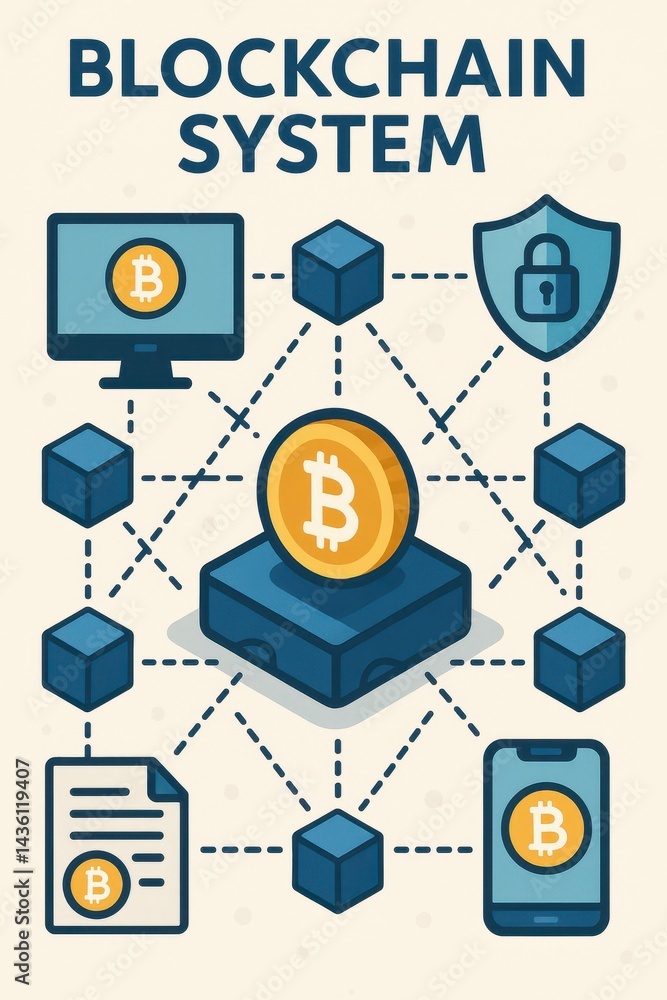 Poster simple blockchain system visualization with digital elements