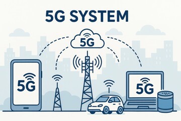 Naklejka premium Simple 5G Technology System Diagram with Devices and Towers
