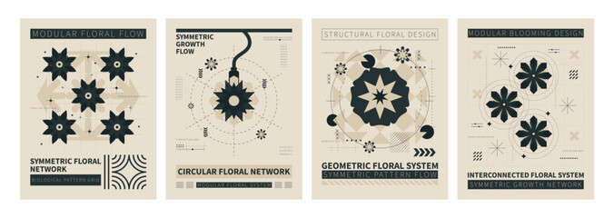 Geometric Floral Network Art: A series of minimalist floral-inspired artworks showcasing the elegance of geometric design with circular patterns and clean aesthetics.