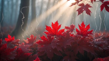 Red Maple Leaves with Raindrops in Forest with Soft Sunlight