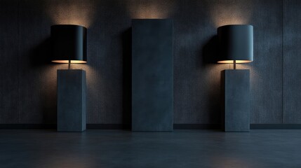 Dark, modern interior with two lamps and a blank wall
