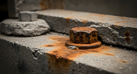 Oxidized Fastener Exhibits Aged Textures And Weathered Concrete Surface In Close View