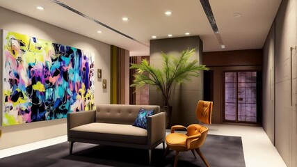 Explore an exquisite condo interior showcasing a vibrant living room filled with creative design elements, luxury touches, and intriguing art pieces