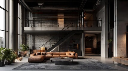 Modern Interior with Large Dark Grey Brick Wall and Cozy Furniture