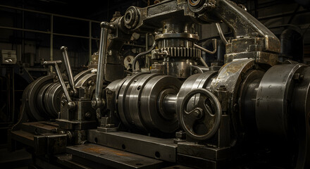 Complex Steel Machinery Inside a Dark Industrial Factory Space