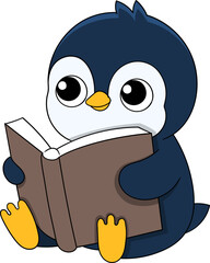 Cute Cartoon Penguin Reading a Book Learning Concept