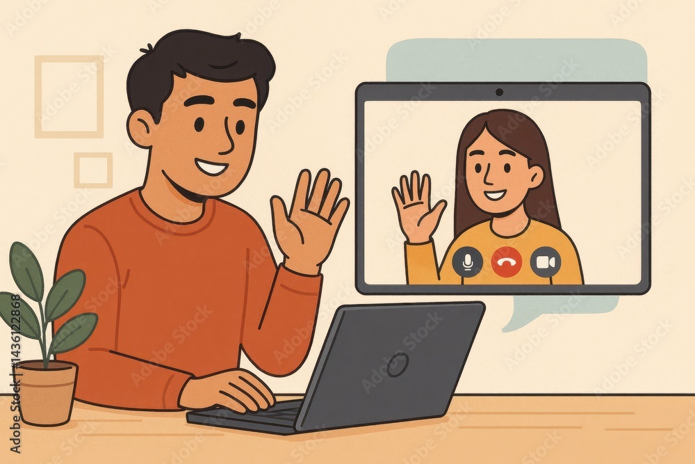 Poster friendly video call between two characters in simple art style