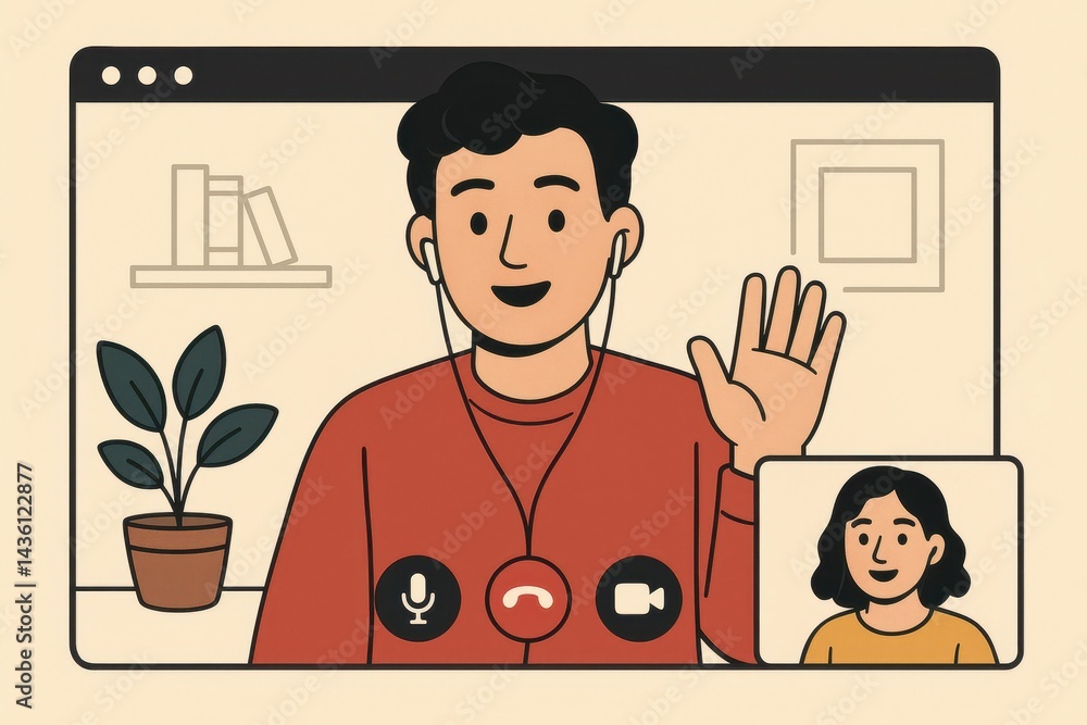 Poster friendly virtual call with smiling person in simple art style