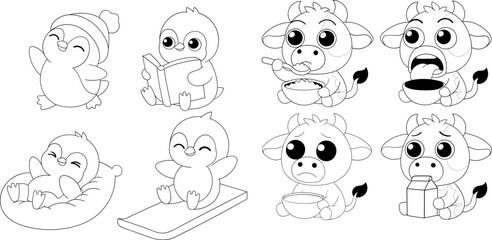 Cute Penguin and Cow Cartoon Coloring Set for Kids