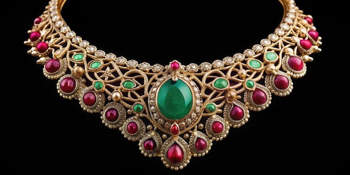 Luxurious emerald diamond ruby gold necklace with intricate filigree details and ornate chain, precious stones