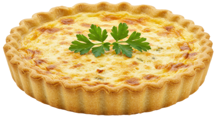 A quiche lorraine basks in golden perfection garnished with fresh parsley