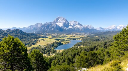 Fototapeta premium Panoramic view of a serene lake nestled in a valley, surrounded by lush green forests and majestic snow-capped mountains under a clear blue sky