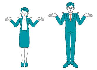 お手上げのポーズをするスーツ姿の女性と男性