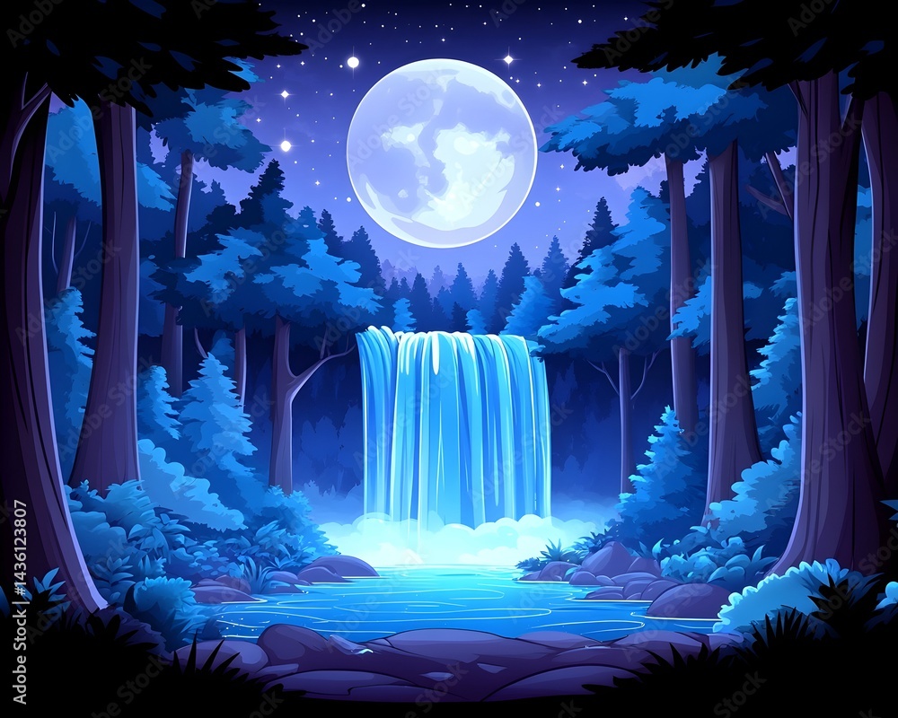 Poster serene moonlit forest scene featuring a cascading waterfall flowing into a tranquil pool
