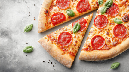 Pepperoni pizza with juicy melted cheese and a cut slice, set against a gray background, symbolizing delicious, appetizing food, the perfect combination of ingredients and ideal presentation for an ad