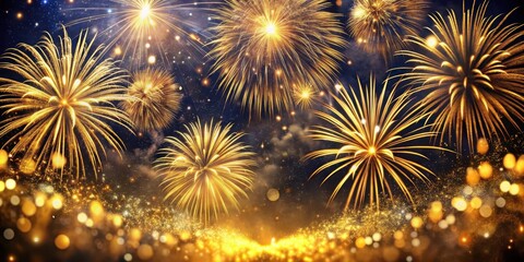 Fototapeta premium Sparkling golden fireworks exploding over a dark and festive night sky at an outdoor party, evening event, colorful explosions
