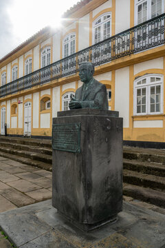 Statue of Silvestre Ribeiro in front the public library in center of Praia da Vitoria on Terceira in the Azores of Portugal.