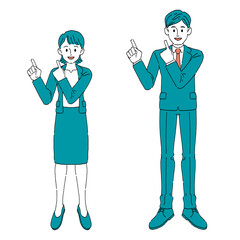 上を指差すスーツ姿の女性と男性