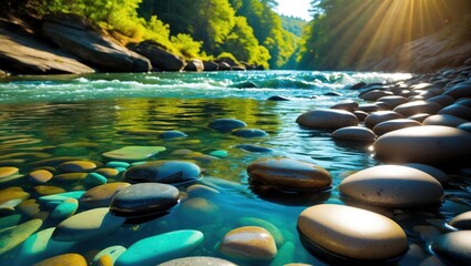 River Flowing Over Colorful Rocks Underneath Sunlit Trees Landscape