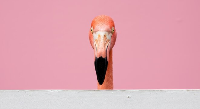 Close-up flamingo portrait showcasing vibrant feathers against a pink backdrop