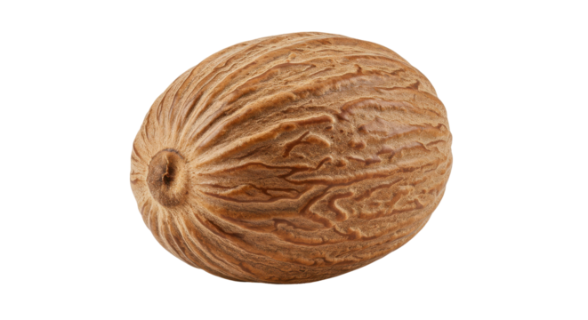 A single nutmeg ridged and textured rests in the black void of infinity