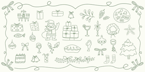 Hand drawn Christmas doodles collection with holiday food, gifts, decorations, and santa for greeting cards, invitations, party decor designs, wrapping paper and packaging designs.