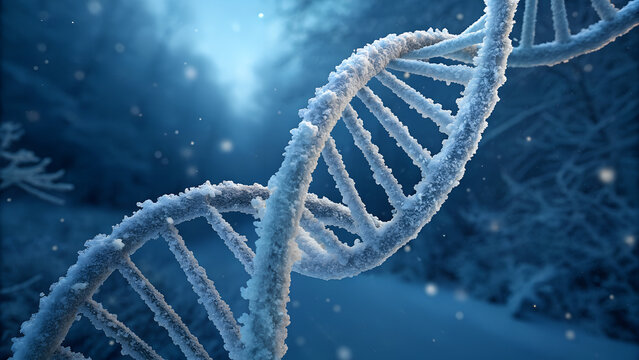 Frozen DNA strand covered in frost in cold winter landscape symbolizing genetic preservation, cryogenics research, and futuristic science visuals