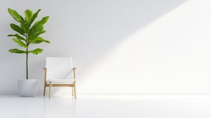 Minimalist, bright, modern room with a single chair and plant