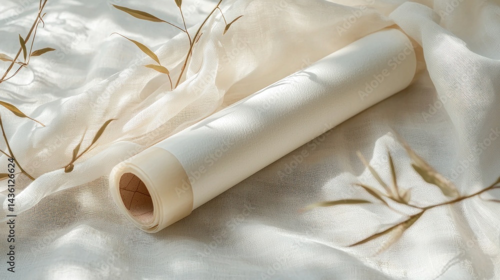 Poster elegant roll of neutral fabric on soft background with natural elements