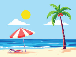 tropical beach with palm trees and umbrella