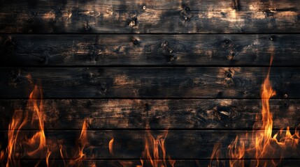 Fiery flames engulfing rustic dark brown wooden planks.