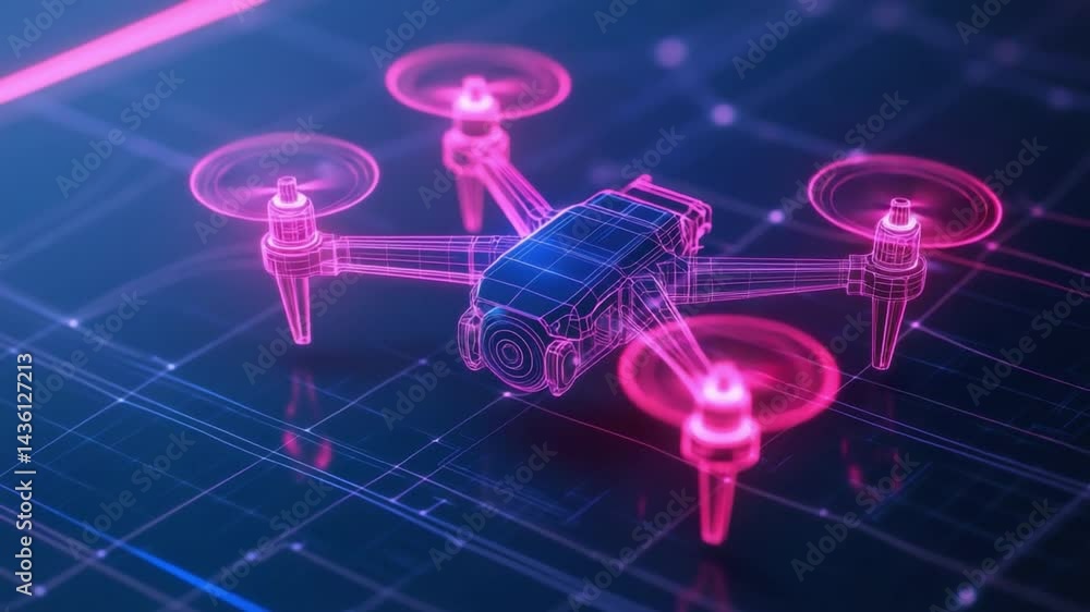 Poster futuristic drone in neon colors against digital background with technology elements and circuit patt