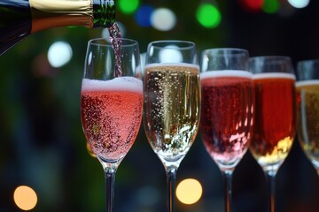 Party holiday celebration concept. Many glasses of pink and white champagne in ta row. Waiter pouring rose sparkling wine from bottle to glass. Drinks Serving. Weekend festival, wedding